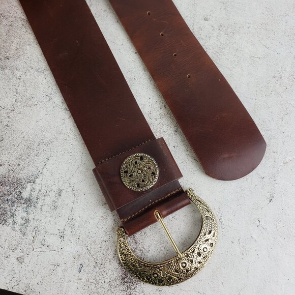 Vintage The RITZ Wide Leather Belt Brown Engraved Buckle Boho Western Whimsigoth - Picture 3 of 8